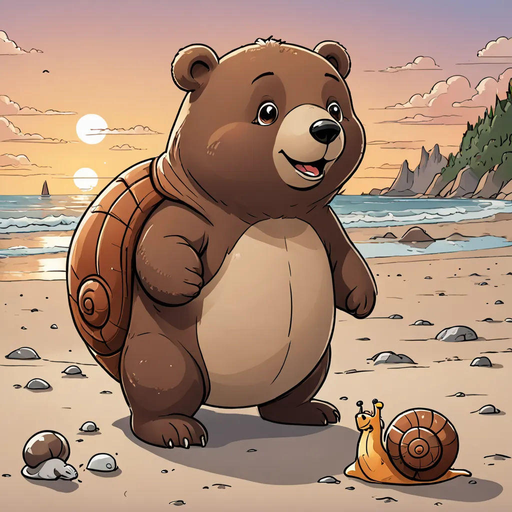 a cartoon bear is standing on the beach with a snail in his hand and a sunset in the background, sots art, a storybook illustration, Chris LaBrooy, official art