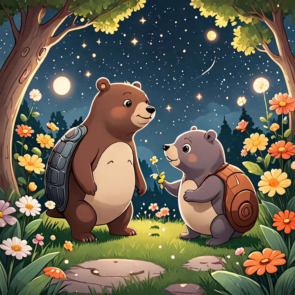 two bears are standing in the woods at night with stars and flowers around them, and one bear is holding a backpack, sots art, a storybook illustration, Chris LaBrooy, official art