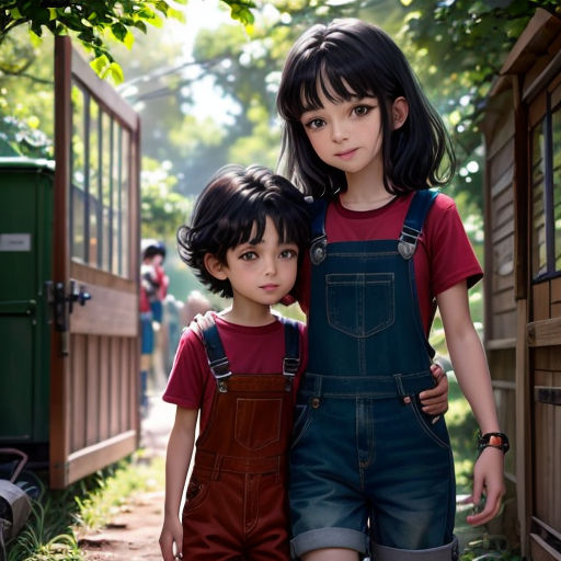 two children standing next to each other in a yard with a fence and trees in the background and a green shed behind them