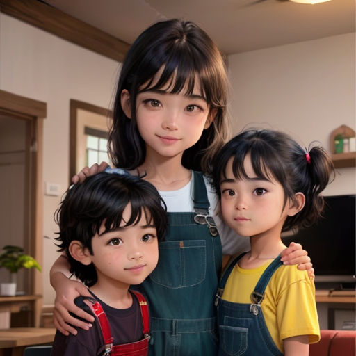 three children are posing for a picture together in a room with a television in the background and a couch in the foreground