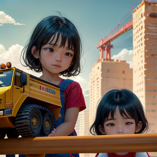 two children are standing behind a rail with a construction truck on it in the background, a cityscape is in the foreground