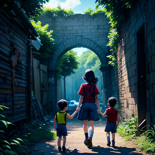 a woman and two children walking down a street under a tunnel with a tunnel entrance in the background and a car driving by