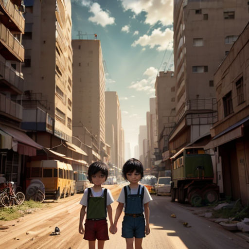 two children standing on a street in a city with tall buildings and a sky background with clouds in the sky