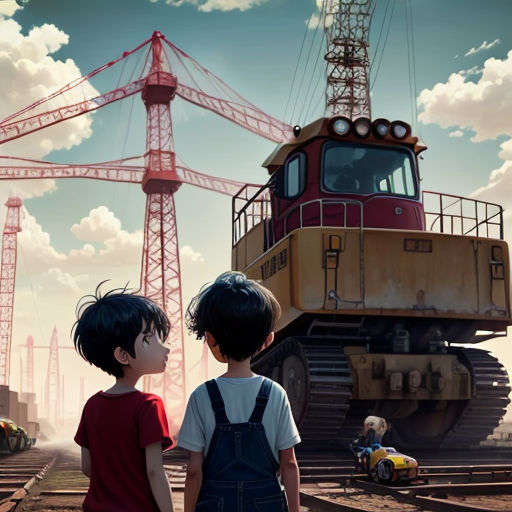 two children looking at a construction site in the background with a crane in the background and a car in the foreground