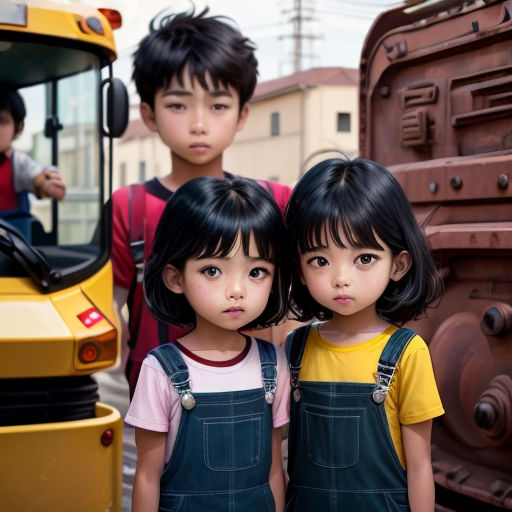 three children standing in front of a yellow bus and a yellow truck behind them are two boys and a girl