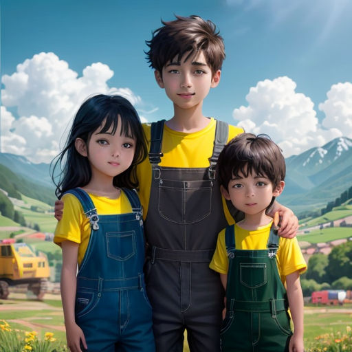 a painting of three children standing in front of a mountain range with a blue sky and clouds in the background