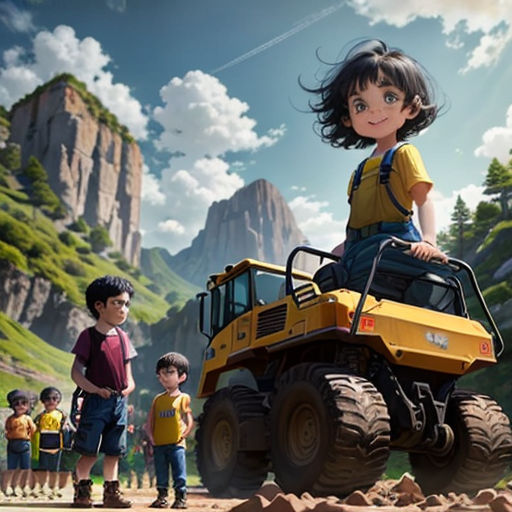 a cartoon character riding a large yellow truck with kids standing around it in front of a mountain range with a sky background