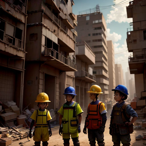 a group of children in construction gear standing in a street in a city with buildings in the background and a sky background