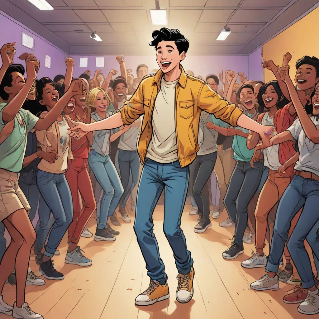 a man is dancing in a crowded room with his hands in the air and people in the background are clapping, private press, a comic book panel, Adam Rex, comic cover art