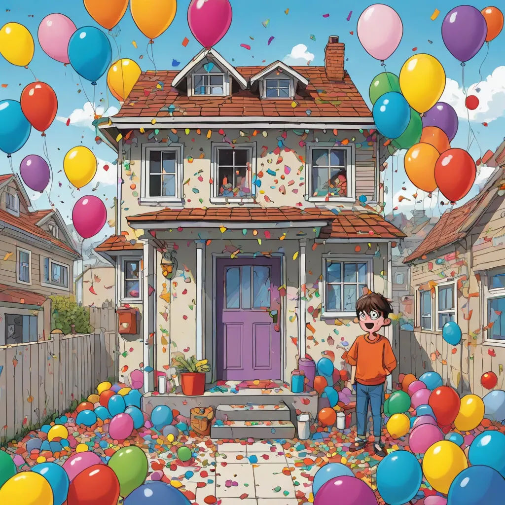 a cartoon of a boy standing in front of a house with balloons flying around him and a lot of confetti, context art, a storybook illustration, Chris LaBrooy, official art
