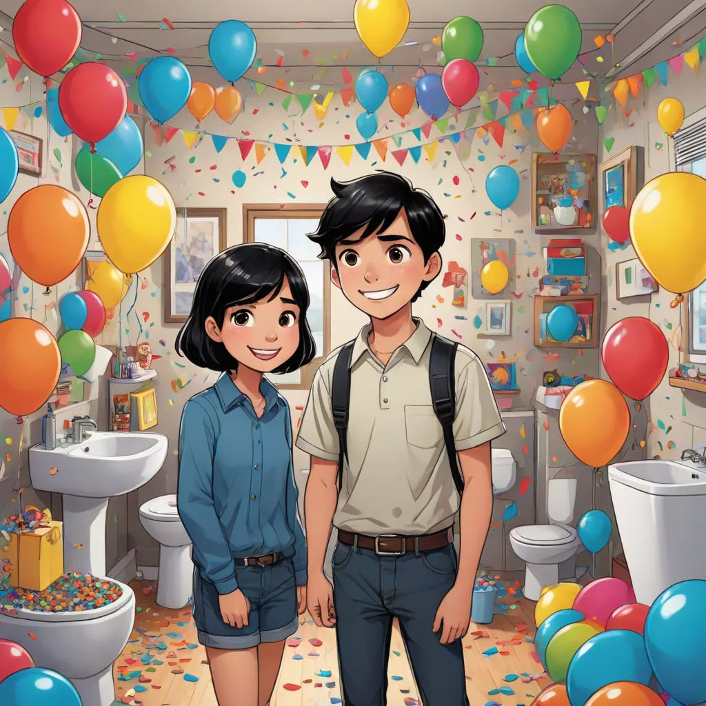 a couple of people standing in a bathroom with balloons and confetti on the walls and a toilet, sots art, poster art, David Park, official art