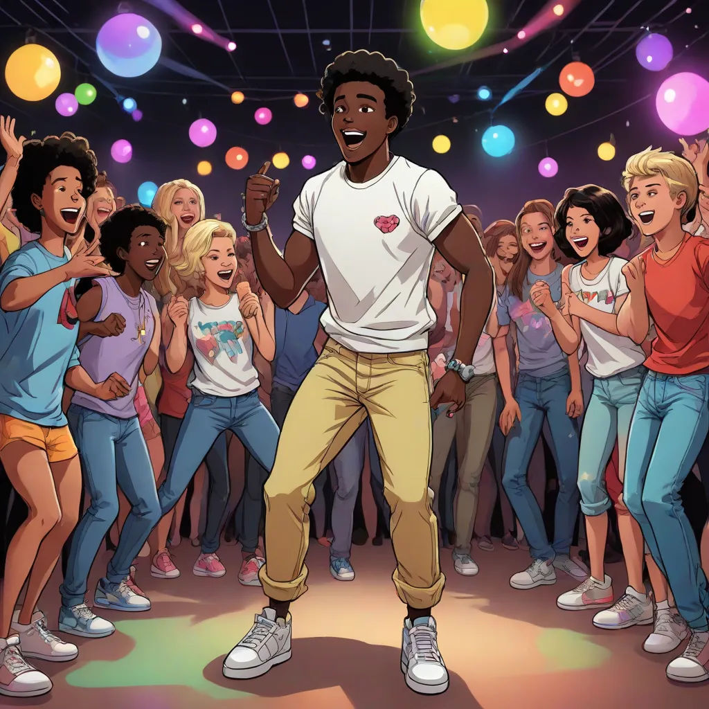 a man standing in front of a group of people on a stage with balloons in the background and a microphone in the foreground, harlem renaissance, concept art, Altichiero, official art