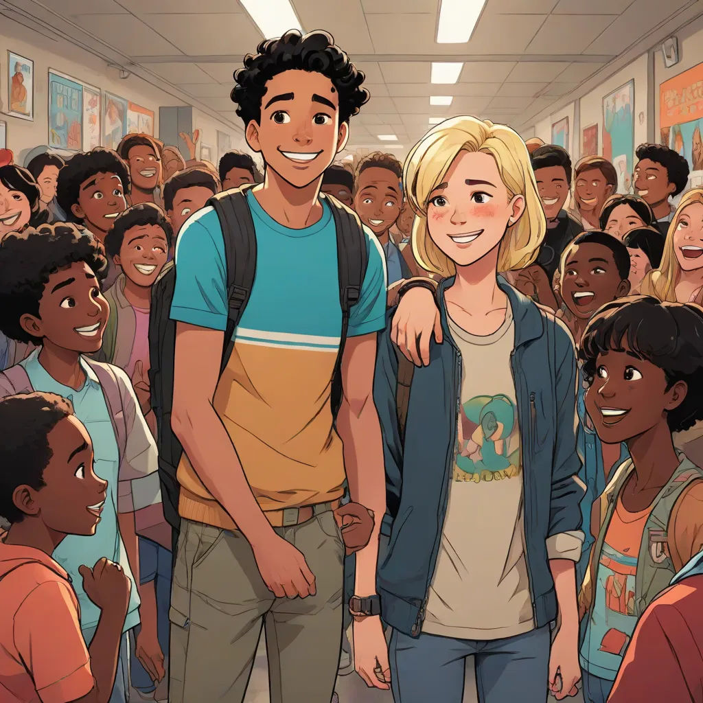 a man and a woman standing in front of a crowd of people in a hallway with a backpack on, harlem renaissance, a comic book panel, Felix-Kelly, comic cover art