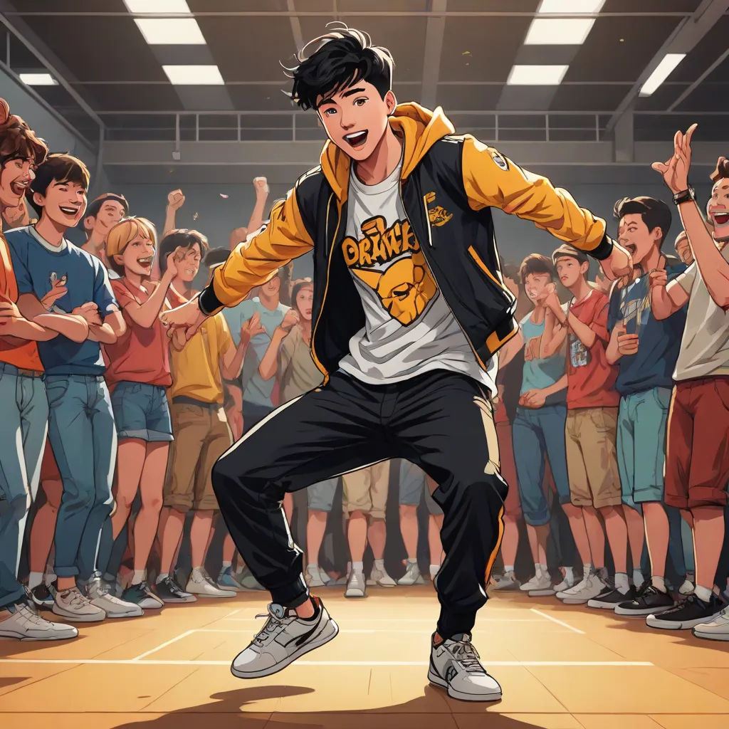 a man in a yellow jacket is dancing in front of a crowd of people in a building with his hands up, sots art, a renaissance painting, David Park, official art