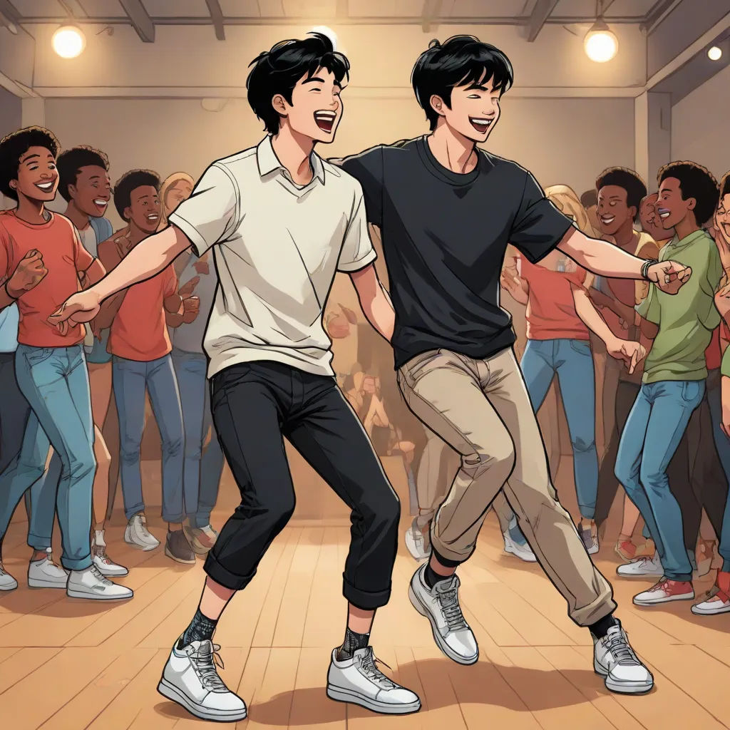two men dancing in a dance studio with a crowd of people behind them watching them dance together and smiling, kitsch movement, a comic book panel, Brothers Hildebrandt, official art
