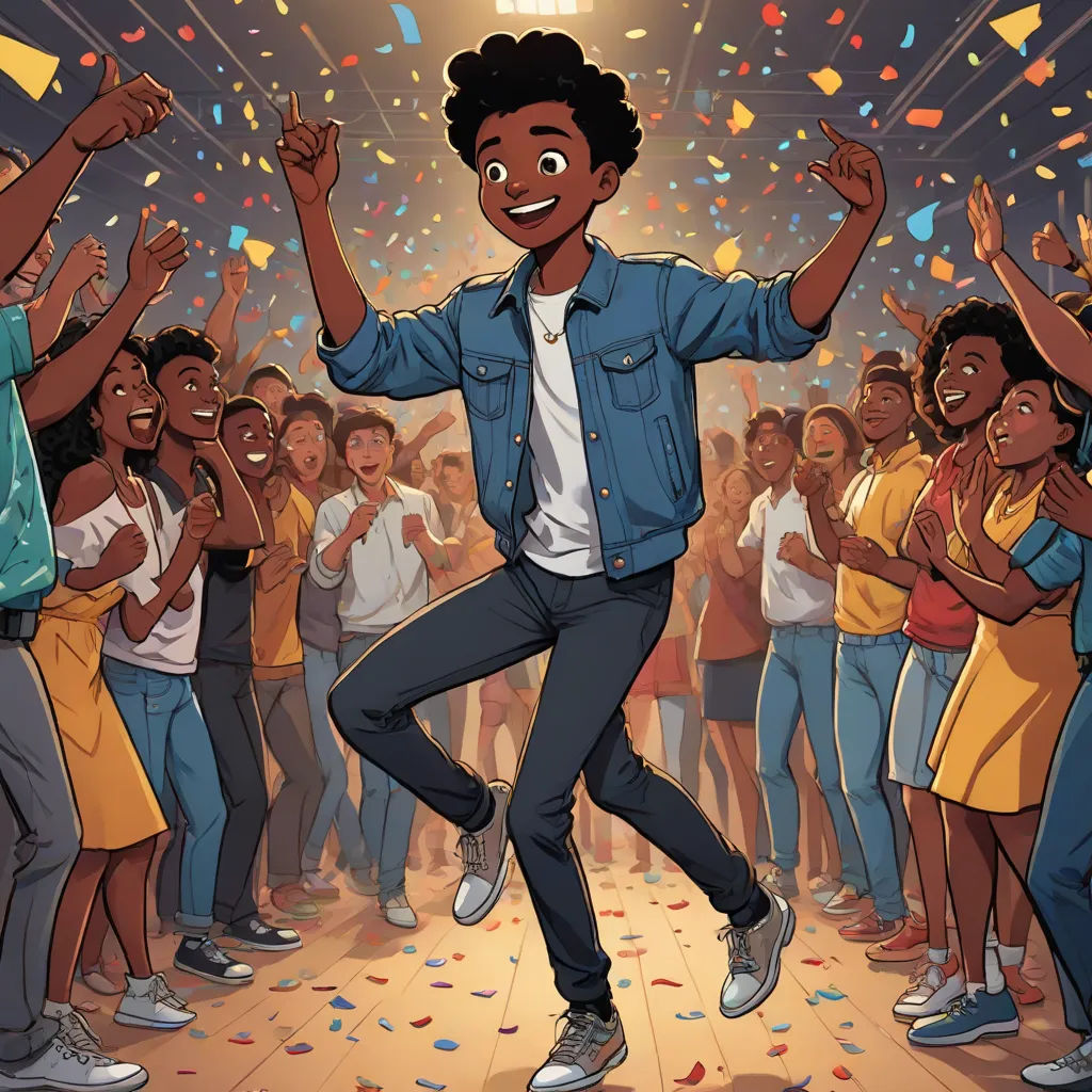 a man dancing in front of a crowd of people with confetti on the floor and confetti falling from the ceiling, process art, a storybook illustration, Chris LaBrooy, comic cover art