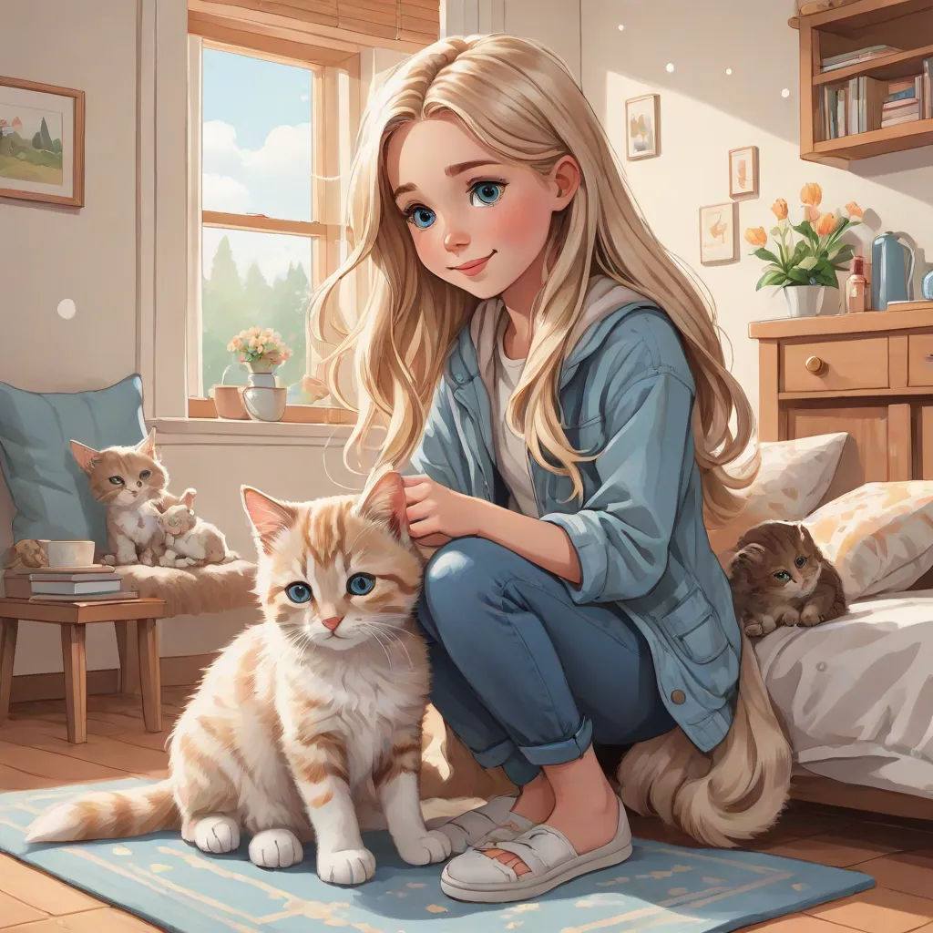 a painting of a girl sitting on a bed with a cat next to her on a rug in a bedroom, a storybook illustration, Artgerm, furry art, trending on art station