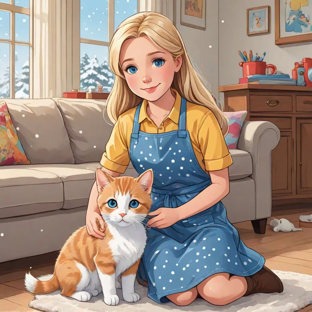 a girl in a blue dress is petting a cat in a living room with a couch and a window, a storybook illustration, Anne Said, sots art, official art