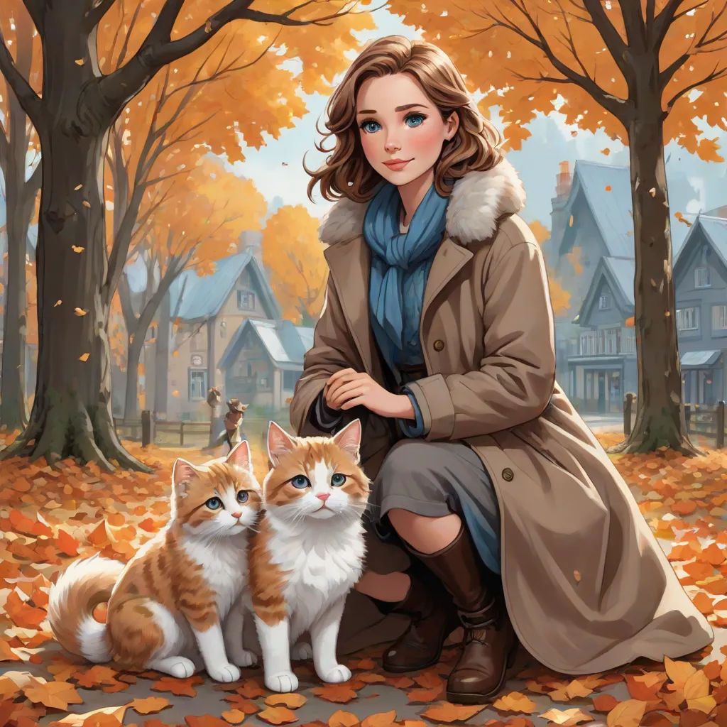 a painting of a woman sitting next to two cats in a park with houses in the background and leaves on the ground, a storybook illustration, Edwin Georgi, american scene painting, kinkade