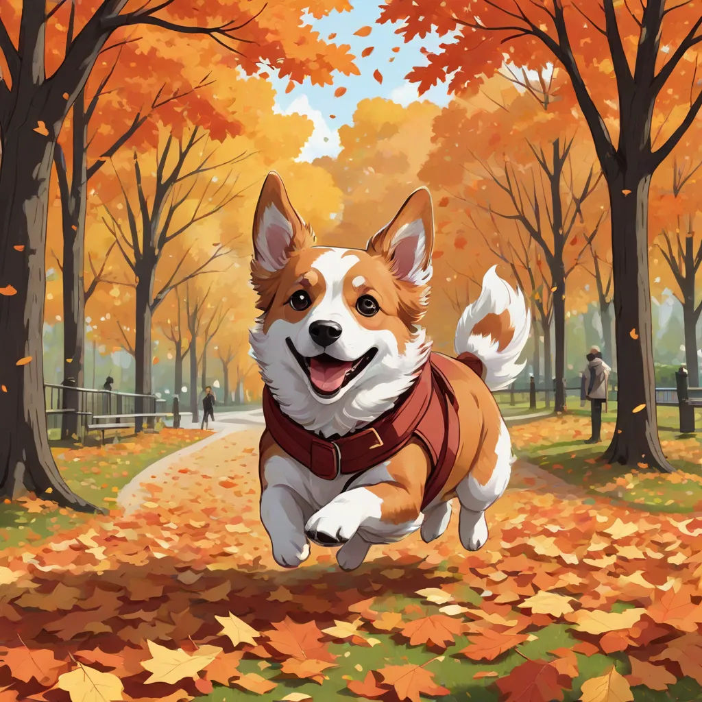 a dog running through a park with leaves on the ground and trees in the background with a person walking, a detailed painting, Cyril Rolando, sots art, official art