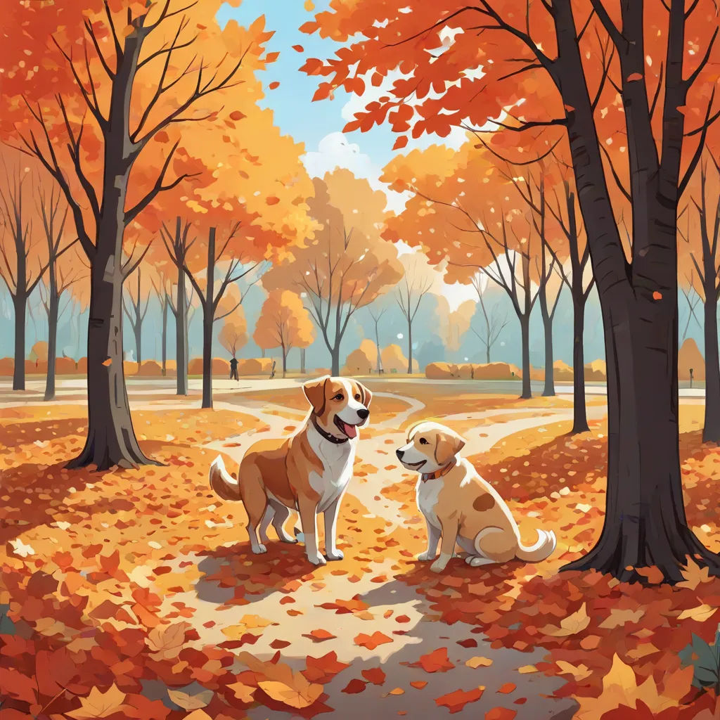two dogs sitting in the leaves of a park in autumn, with trees and leaves on the ground, and a path in the background, a storybook illustration, Cyril Rolando, american scene painting, autumn