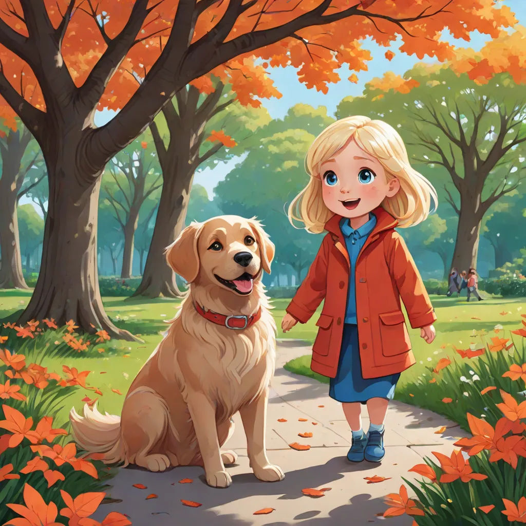 a little girl walking her dog in the park with autumn leaves on the ground and trees in the background, a storybook illustration, Esther Blaikie MacKinnon, american scene painting, official art