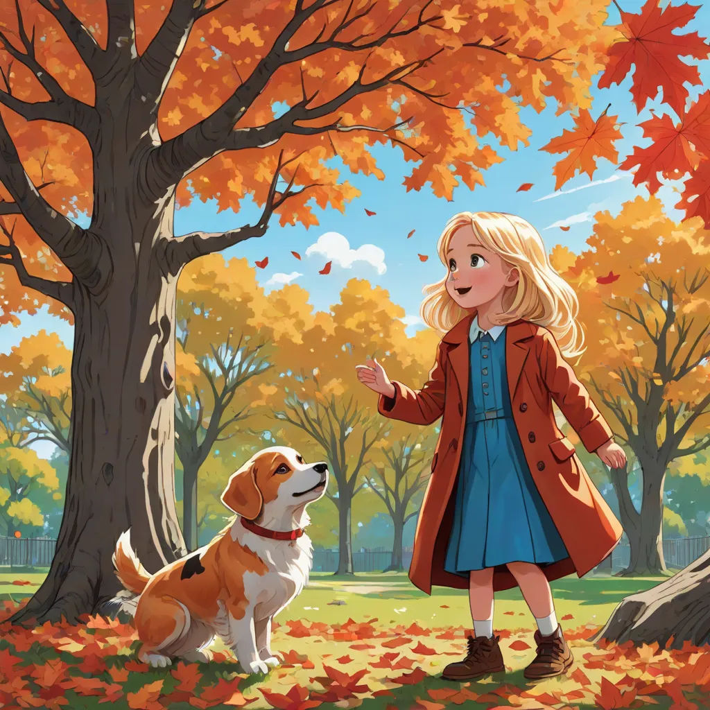 a girl in a red coat and a dog in a park with trees and leaves on the ground and a fence, a storybook illustration, Cliff Childs, american scene painting, official art