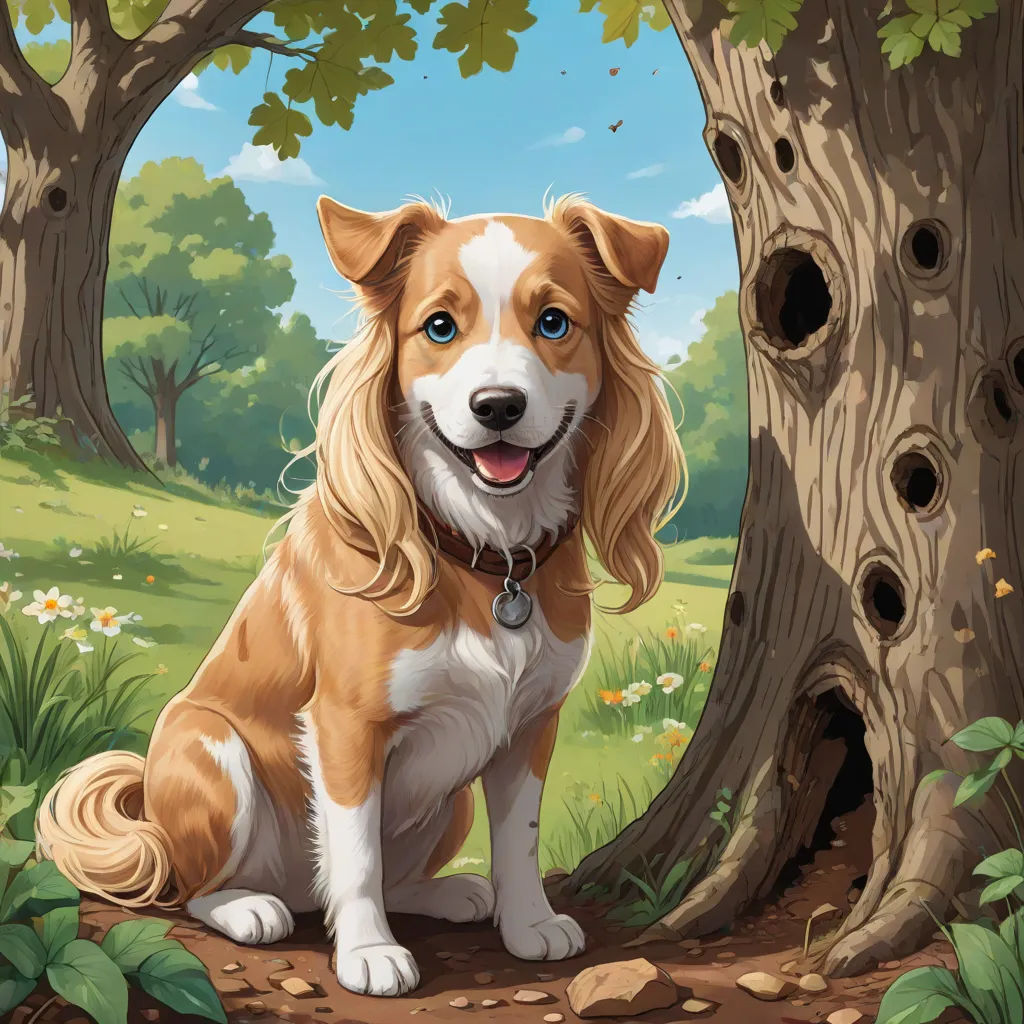 a dog sitting in the middle of a forest with a tree in the background and a hole in the ground, a storybook illustration, Chris LaBrooy, furry art, official art