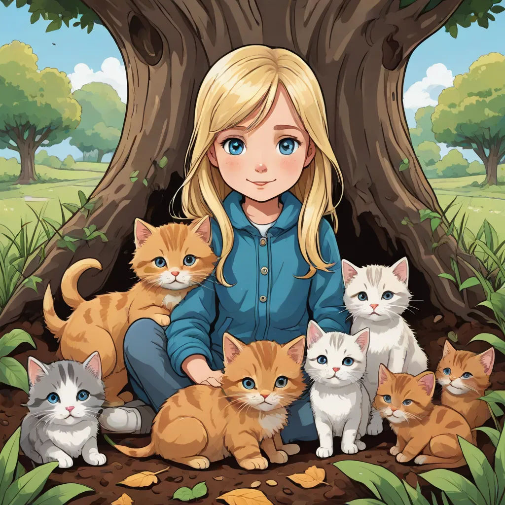 a girl sitting in the ground with many kittens under a tree in a park illustration by alex macgrew, a storybook illustration, Alice Prin, furry art, comic cover art