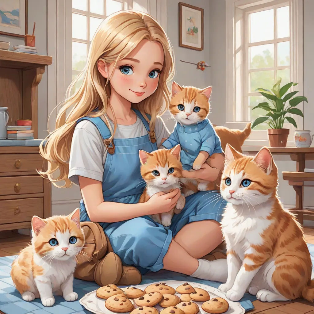 a girl holding a kitten and some cookies and cookies on a rug with other cats around her and a dog, a storybook illustration, Artgerm, furry art, trending on art station