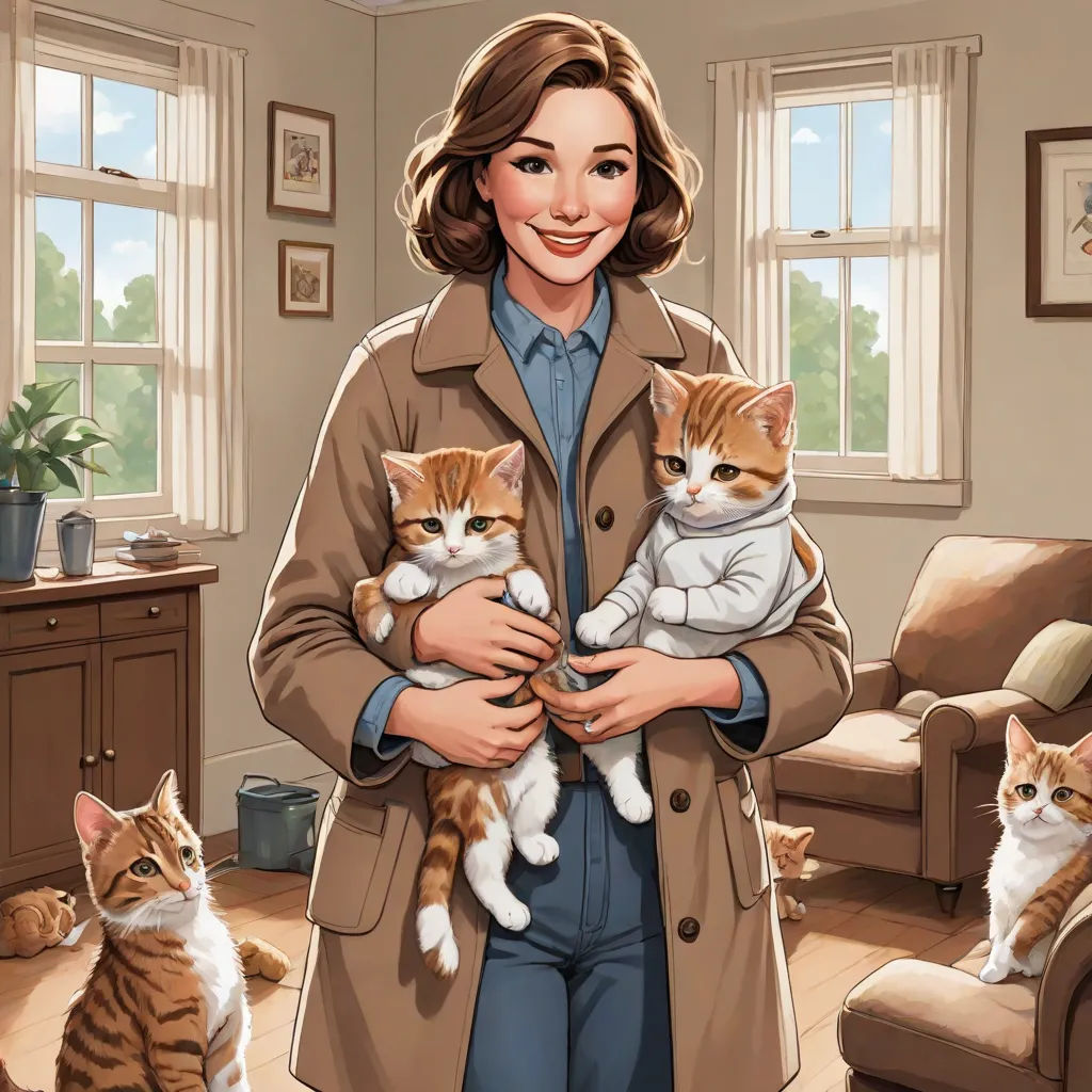 a woman holding two cats in her arms in a living room with a couch and two cats on her lap, a character portrait, F Scott Hess, furry art, official art