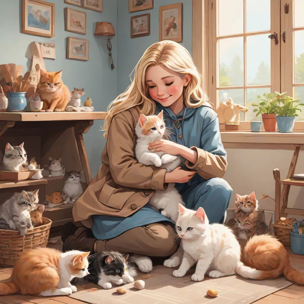 a woman holding a cat in a room full of cats and kittens on the floor and a cat on the floor, a storybook illustration, Evgeny Lushpin, furry art, kinkade
