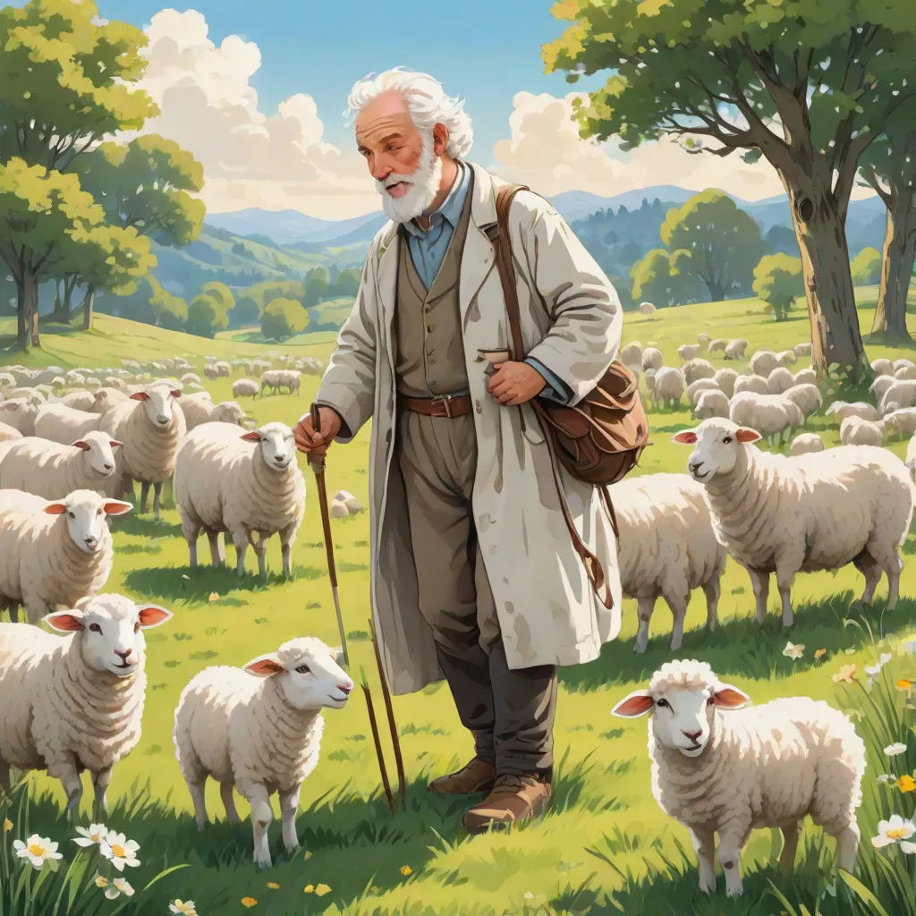 a painting of a man with a cane and a herd of sheep in a field of grass and flowers, Christophe Vacher, naive art, a storybook illustration, storybook illustration