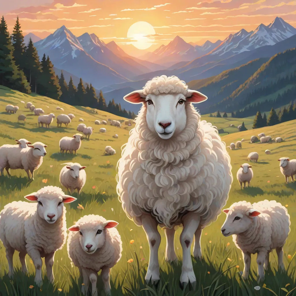 a painting of a sheep family in a field with mountains in the background and a sunset in the sky, David A Hardy, american scene painting, a storybook illustration, official art