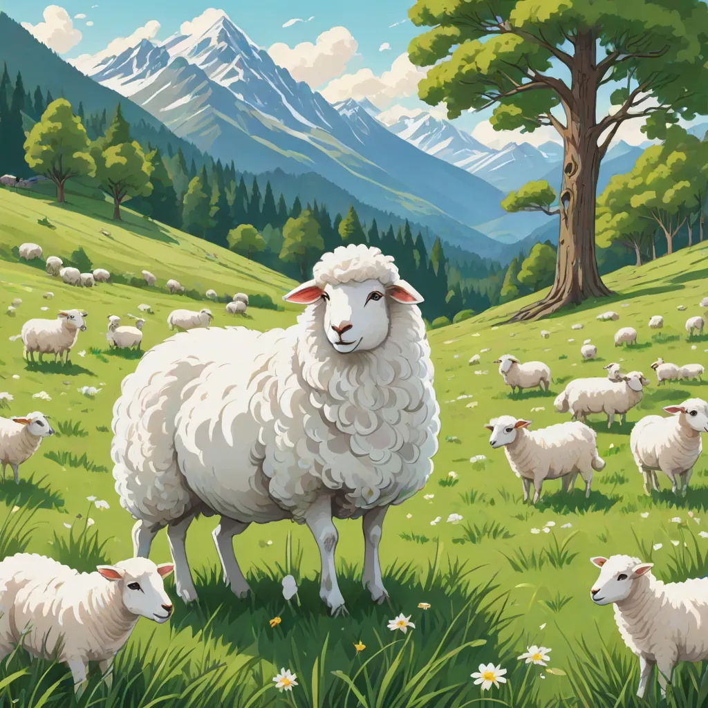 a painting of a sheep in a field with mountains in the background and daisies in the foreground, Chris LaBrooy, naive art, a storybook illustration, detailed illustration