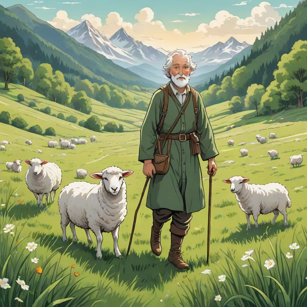 a man with a beard and a beard standing in a field with sheep and mountains in the background,, Eric de Kolb, synthetism, a storybook illustration, official art