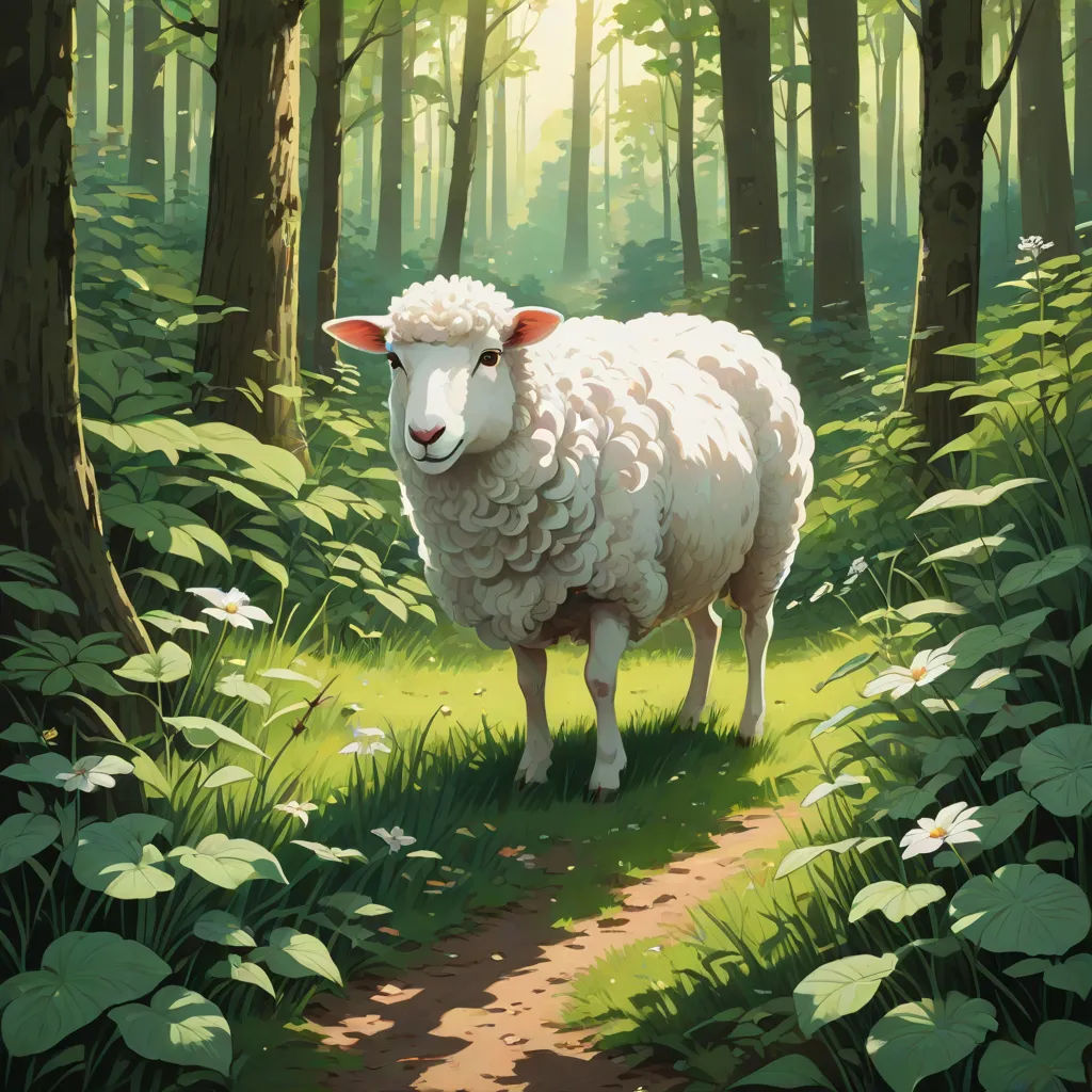 a painting of a sheep standing in a forest with flowers and trees around it, looking at the camera, Chris LaBrooy, environmental art, a storybook illustration, official art