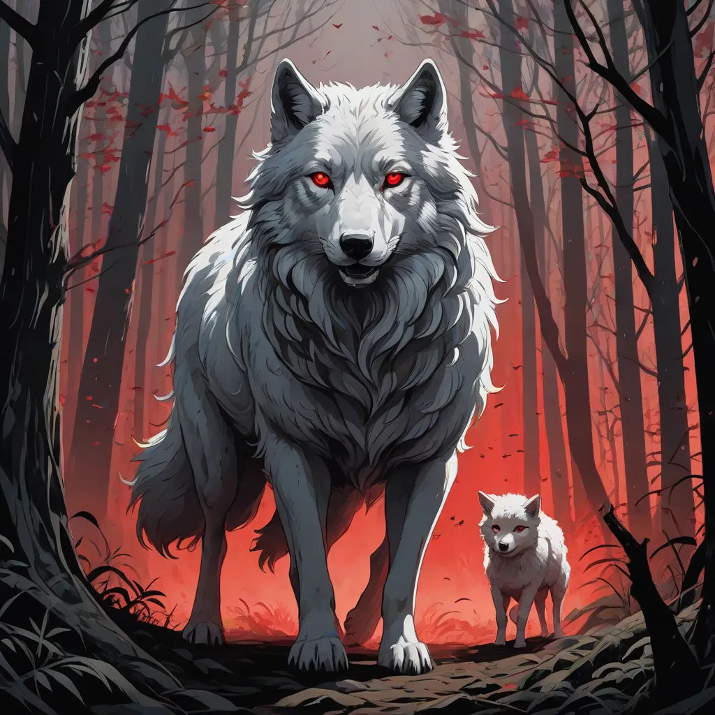 a wolf and a cat standing in a forest with red eyes and red leaves on the trees and the ground, Dan Mumford, furry art, poster art, official art