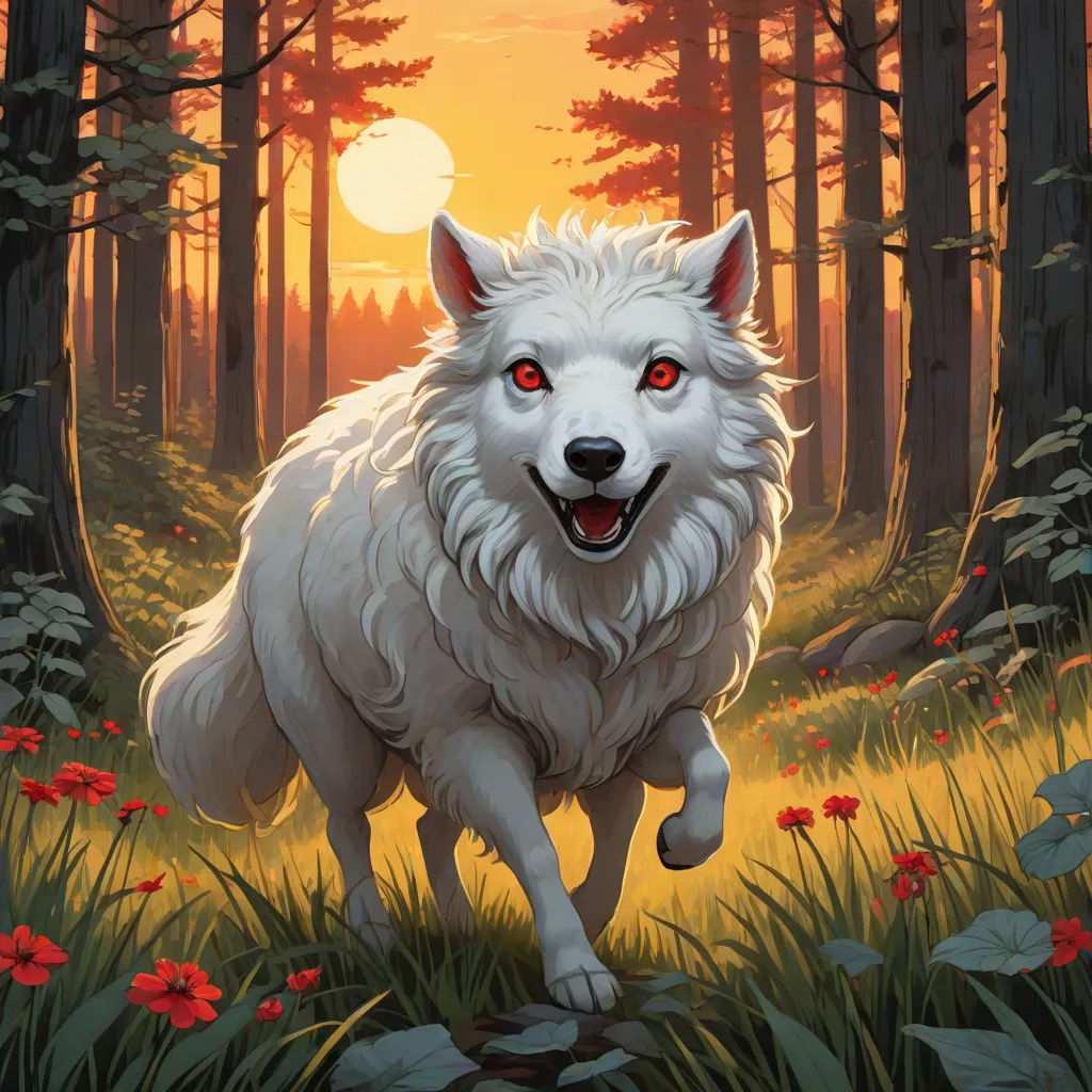 a white wolf running through a forest with red eyes and a red - eyed face, with red - eyed eyes, Aaron Jasinski, altermodern, a character portrait, magic the gathering artwork