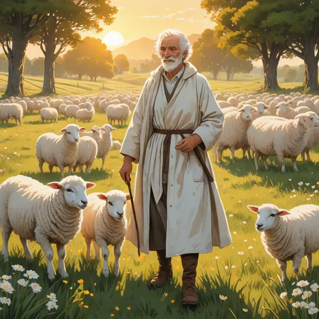 a painting of a man standing in a field with sheep in the background and a sunset in the background, Edmund Leighton, synthetism, a storybook illustration, official art