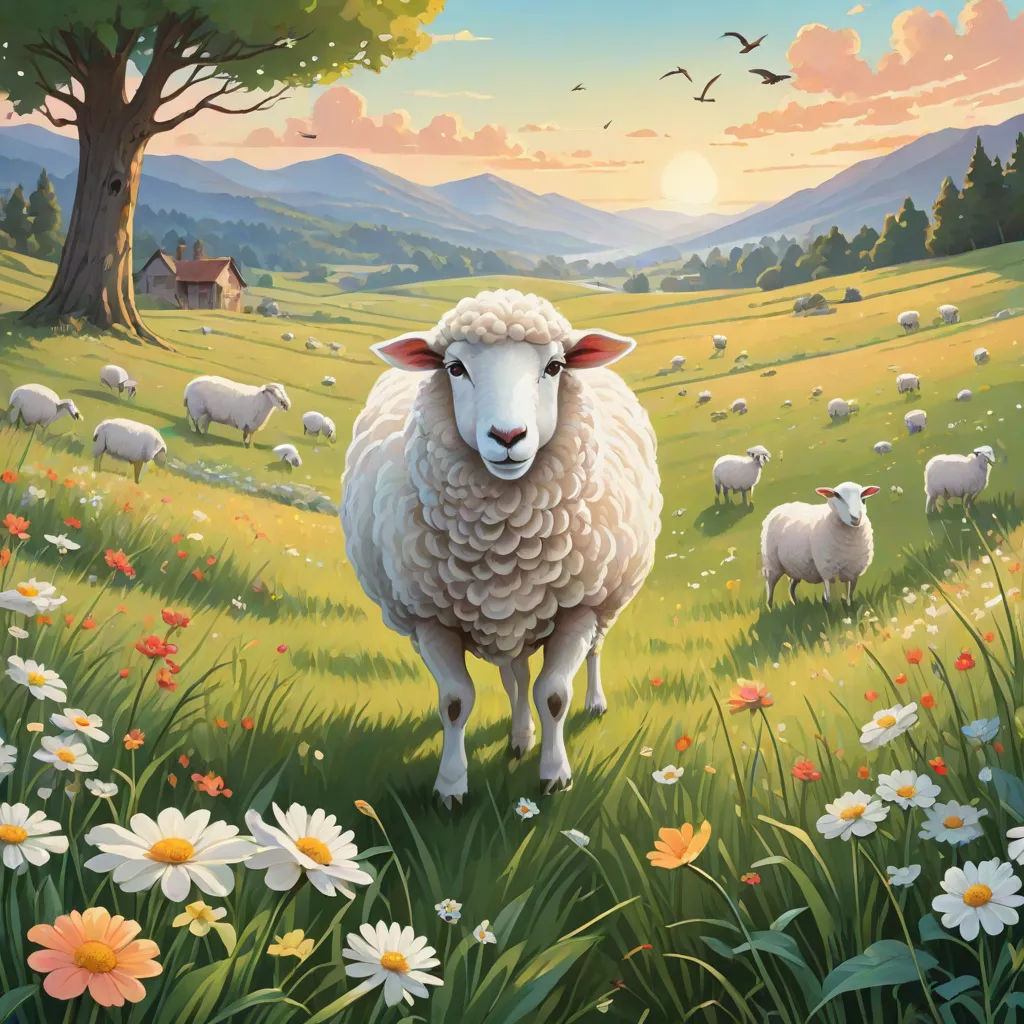 a painting of a sheep in a field of flowers and grass with a sunset in the background and a flock of birds flying overhead, Chris LaBrooy, naive art, a storybook illustration, kinkade