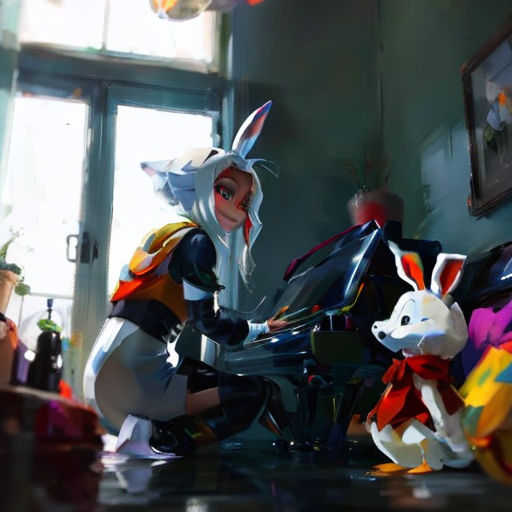 a woman in a room with a cat and a dog on a motorcycle and balloons in the air above her