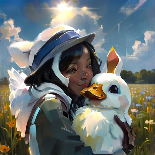 a woman holding a white duck in a field of flowers with a sky background and sun shining through the clouds