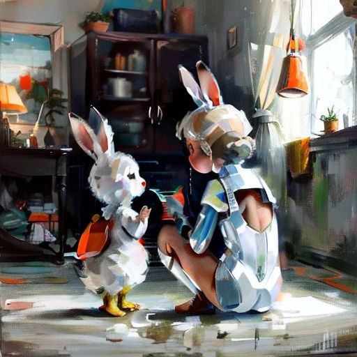a painting of a boy and a bunny playing with each other in a room with a window and a cabinet