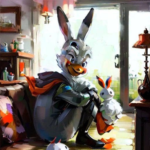 a rabbit and a dog are sitting on a couch in a room with a window and a lamp on the wall
