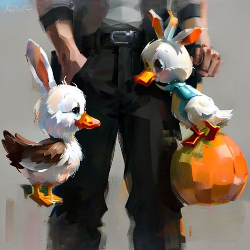 a man holding two stuffed animals in his hands and a bag of pumpkins in his hand, with a duck in his hand