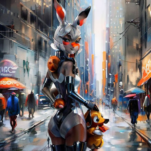 a woman in a bunny suit holding a dog in a city street with people walking by on a rainy day