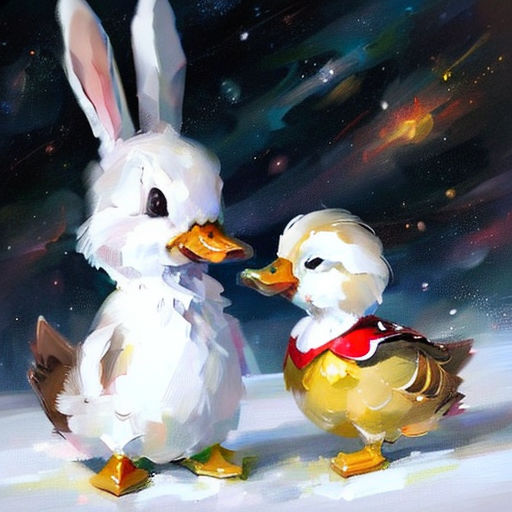 a painting of two ducks and a bunny in the snow with stars in the background and a sky filled with stars