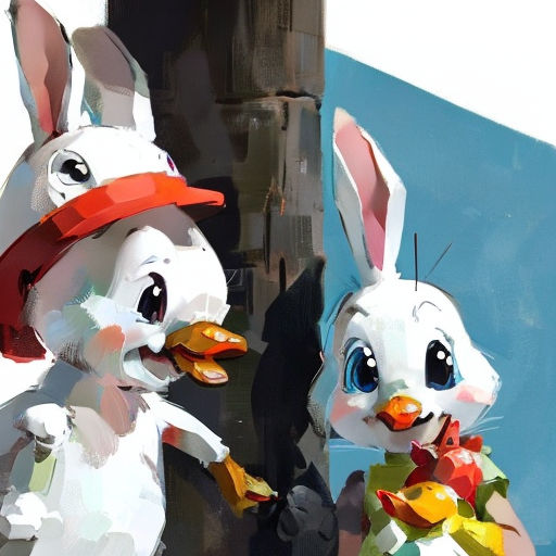 a painting of two rabbits holding hands and looking at each other with a blue background behind them and a blue wall