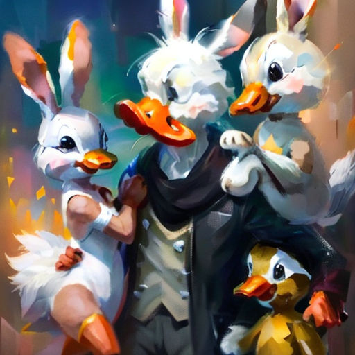 a painting of three rabbits and a man in a suit and tie with a duckling on his chest